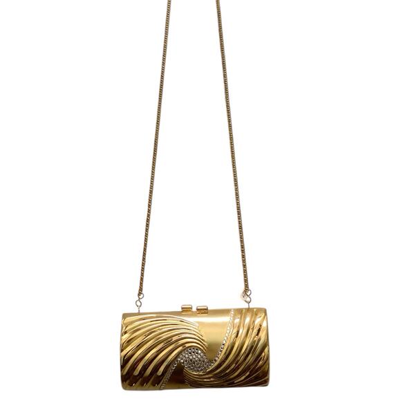 Great Women’s Evening Metal Cylinder Shoulder Bag Gold Tone With Gold Chain - Picture 2 of 10